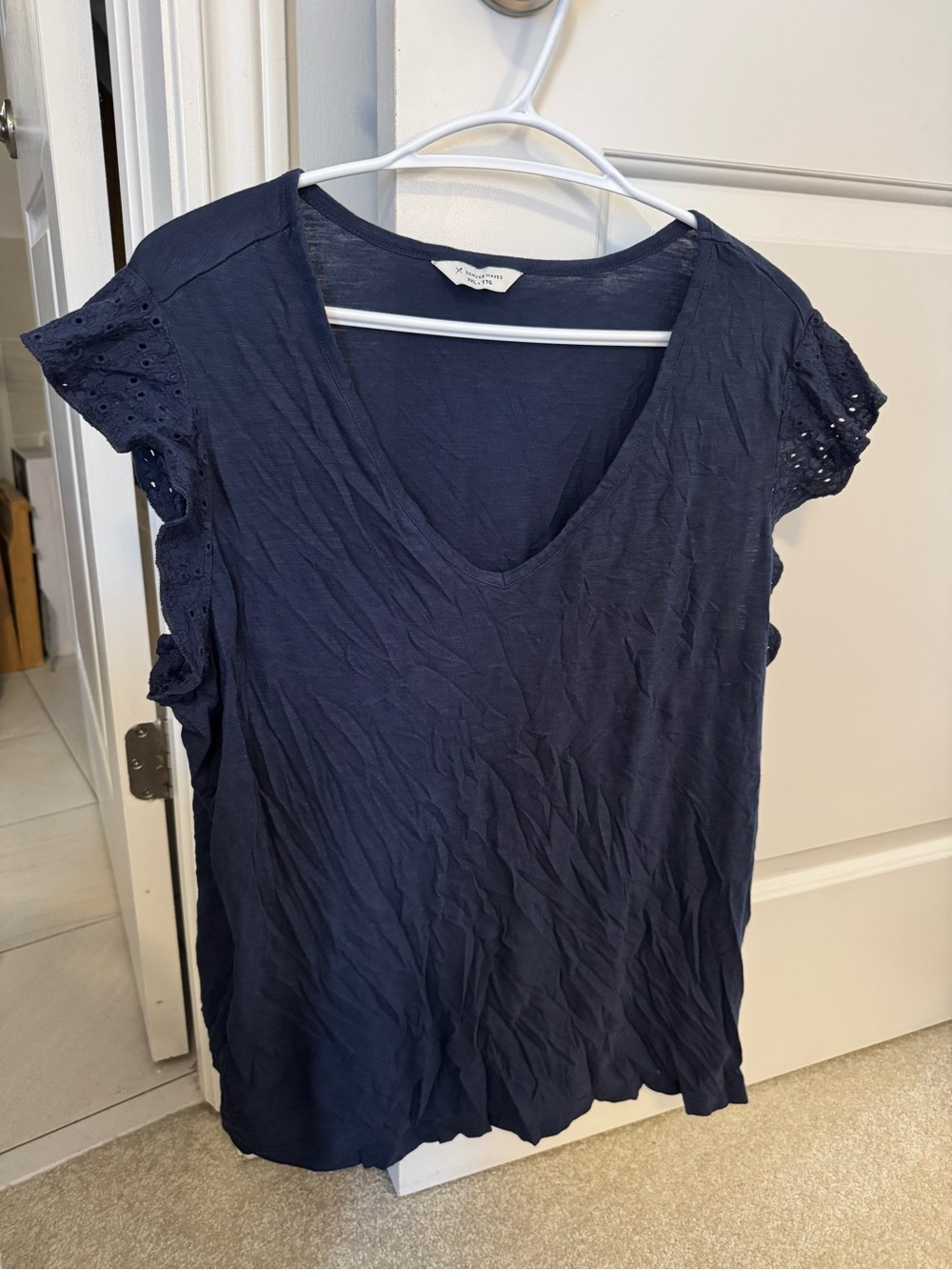 Denver Hayes Navy Eyelet Cap Sleeve V-Neck Top